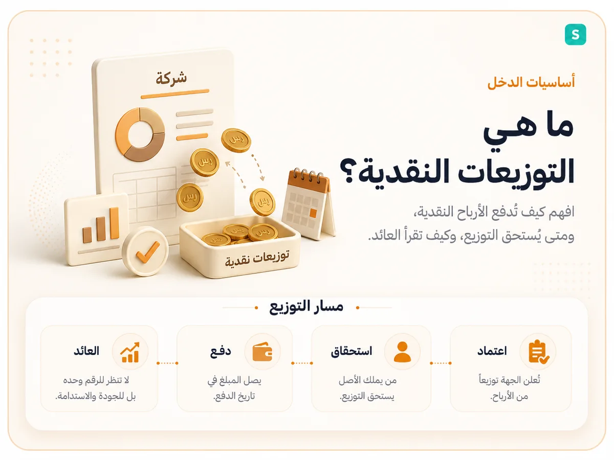 شرح عربي لمسار التوزيعات النقدية من اعتماد الشركة إلى استحقاق المستثمر ودفع العائد