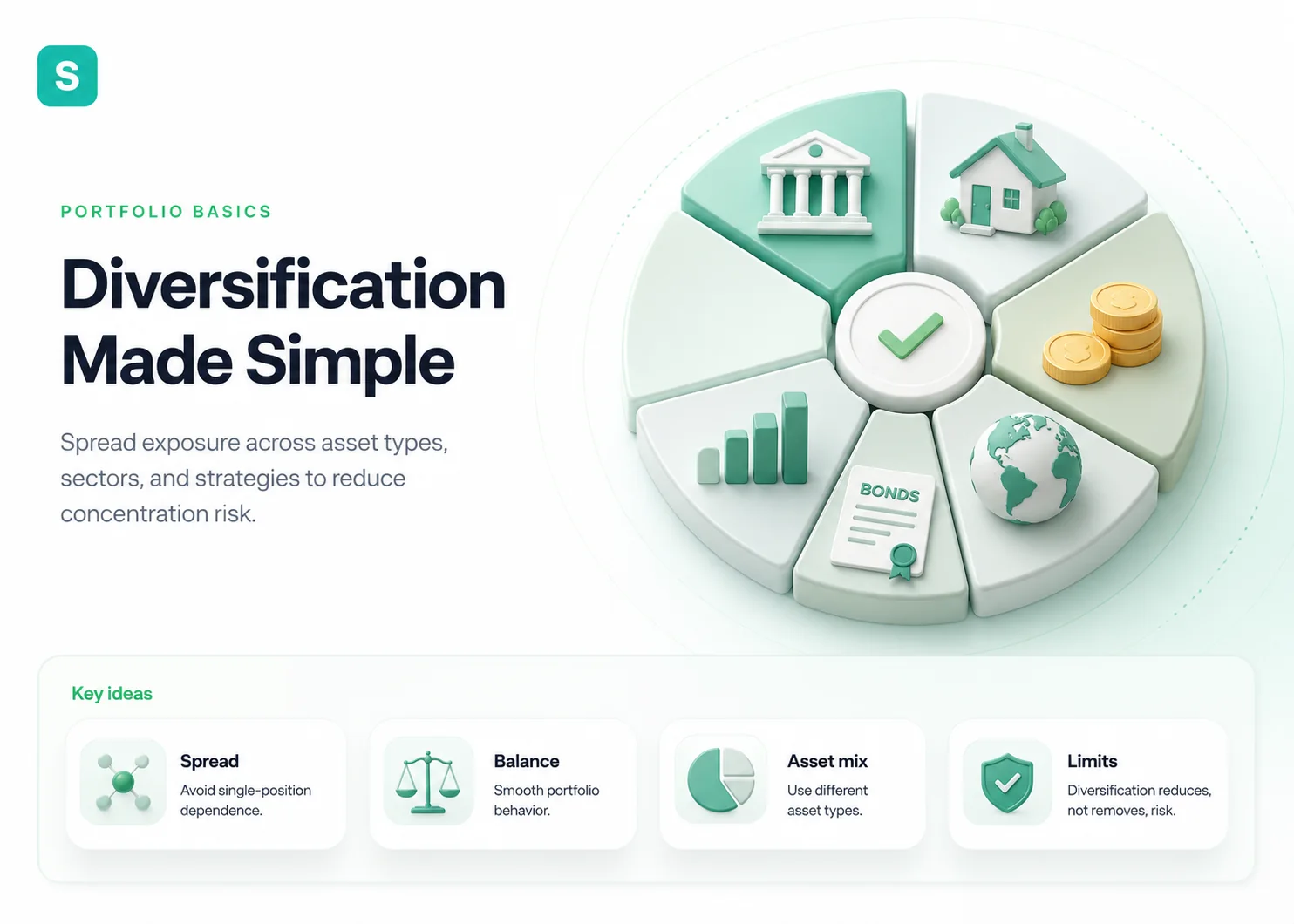 Diversified portfolio illustration spreading exposure across asset types, sectors, and strategies